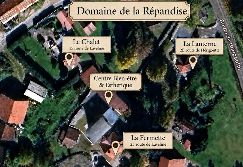 Plan aérien du Domaine de La Répandise avec Le Chalet, La Lanterne, La Fermette et le Centre Bien-être & Esthétique