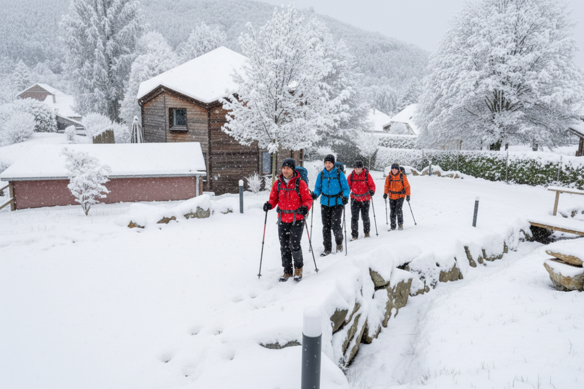 Randonneurs partant en balade en raquettes depuis le gîte 