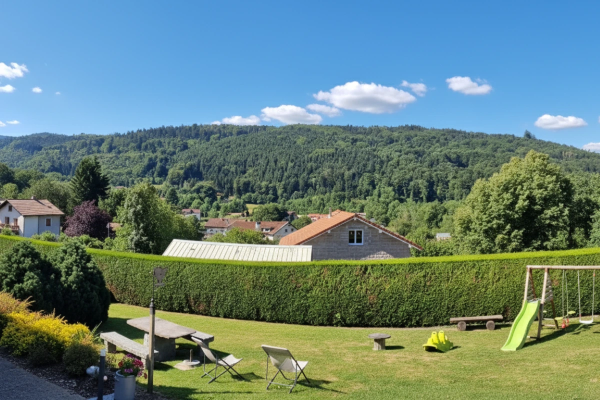 Vue panoramique imprenable sur le Massif des Vosges et la vallée depuis la terrasse du Domaine de la Répandise.