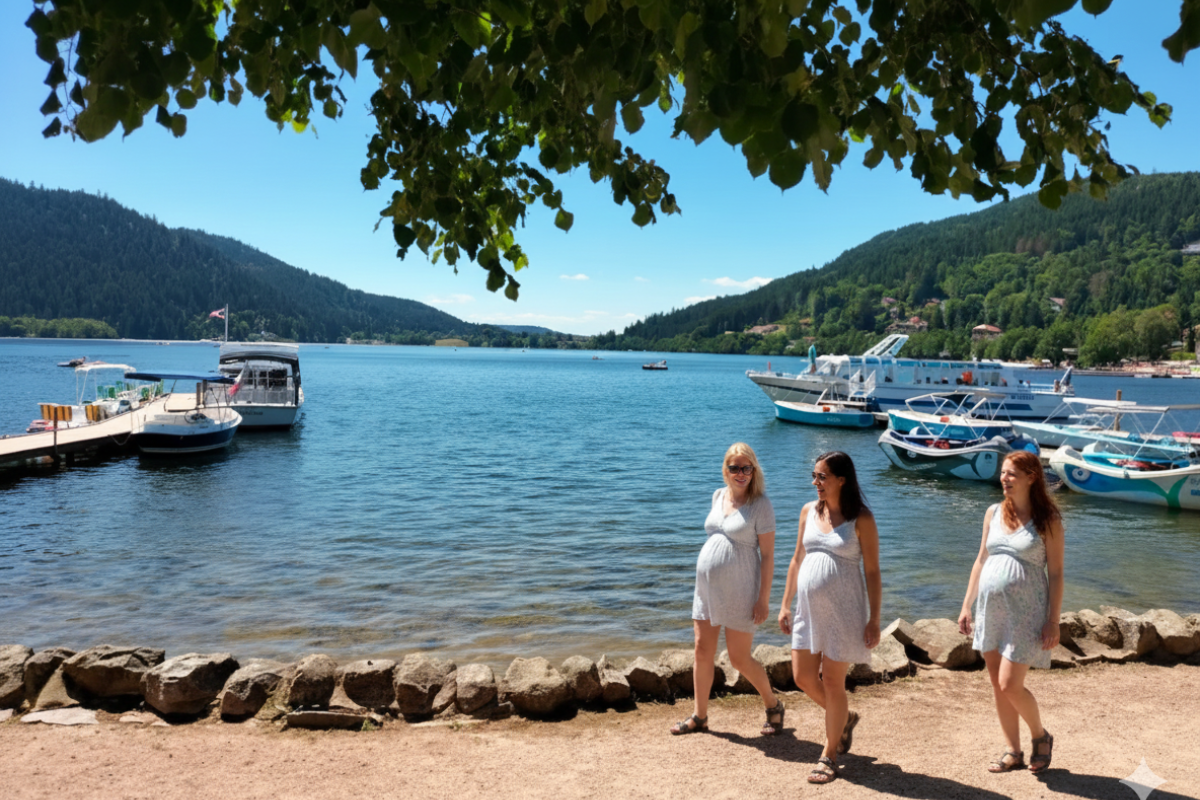 Futures mamans en balade douce sur les sentiers plats du Lac de Gérardmer, activité parfaite pendant un Babymoon Vosges.