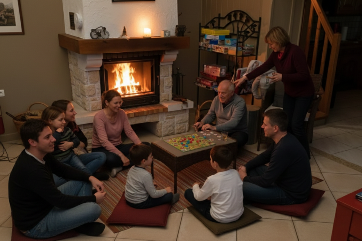 Famille réunie devant la cheminée dans le salon spacieux du gîte Le Chalet lors d'un week-end.