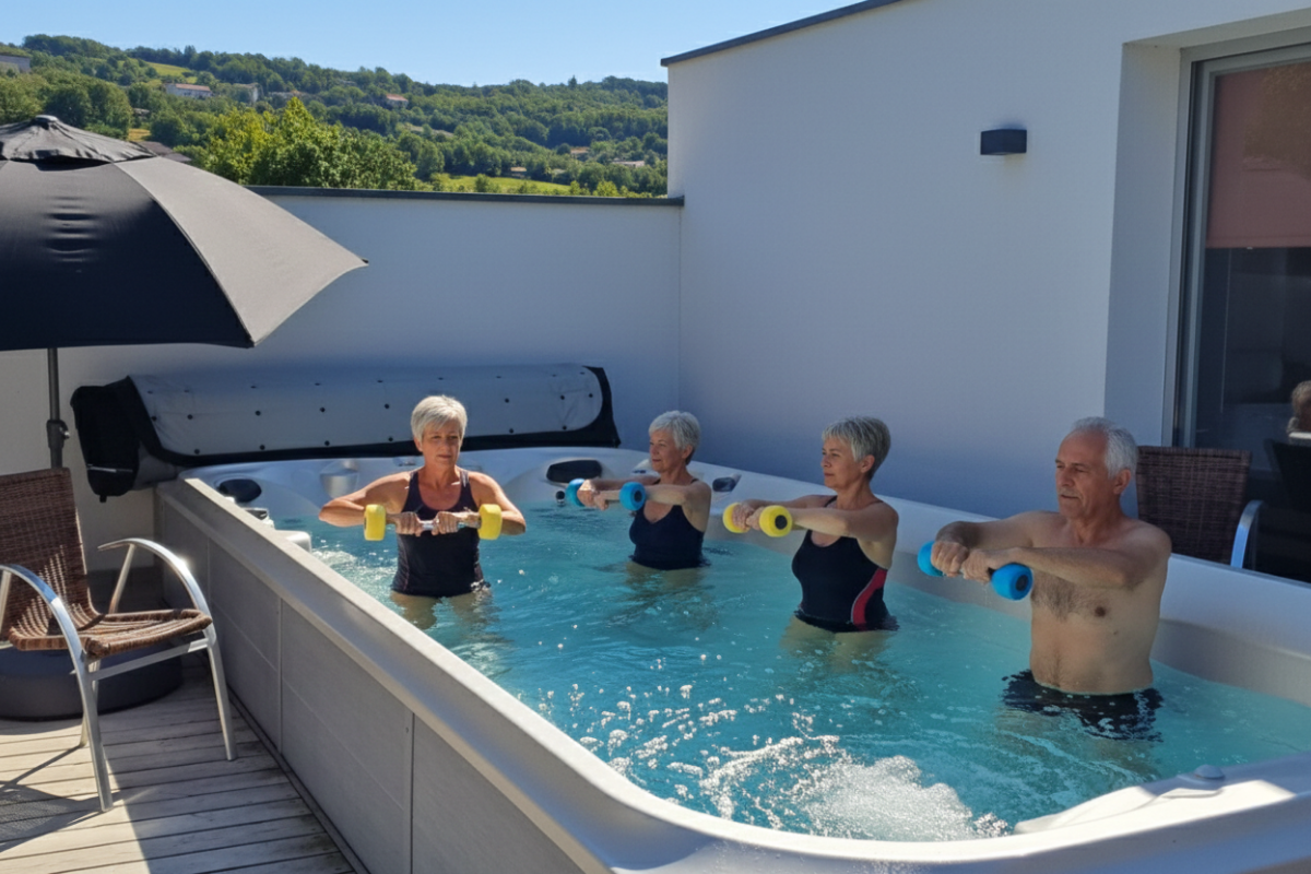 Senior pratiquant des exercices d'aquagym dans une piscine accessible PMR
