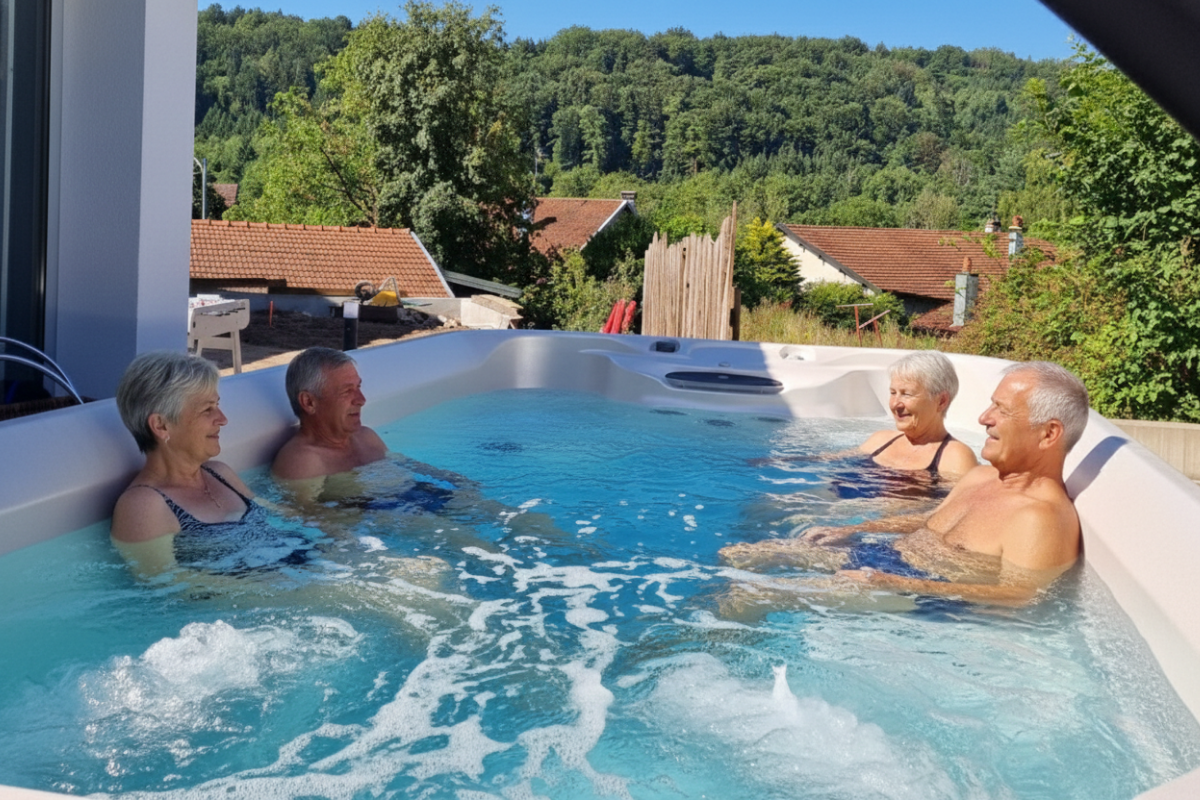 Groupe de seniors partageant un moment de détente dans un jacuzzi intérieur