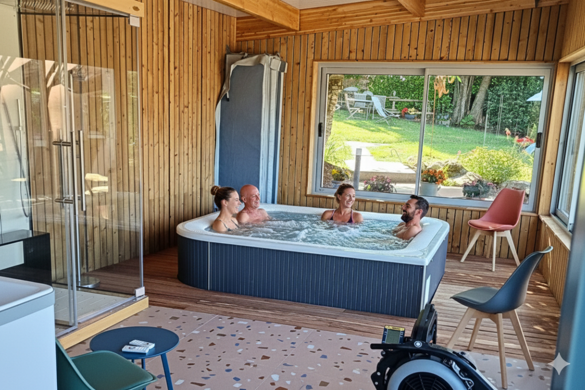 Groupe de 4 adultes se détendant dans le spa et jacuzzi privatif du Domaine de la Répandise.