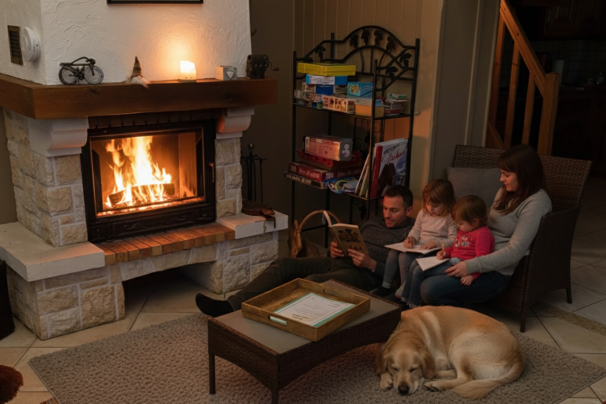 Famille et chien relaxés devant la cheminée allumée dans le salon confortable du gîte Le Chalet.