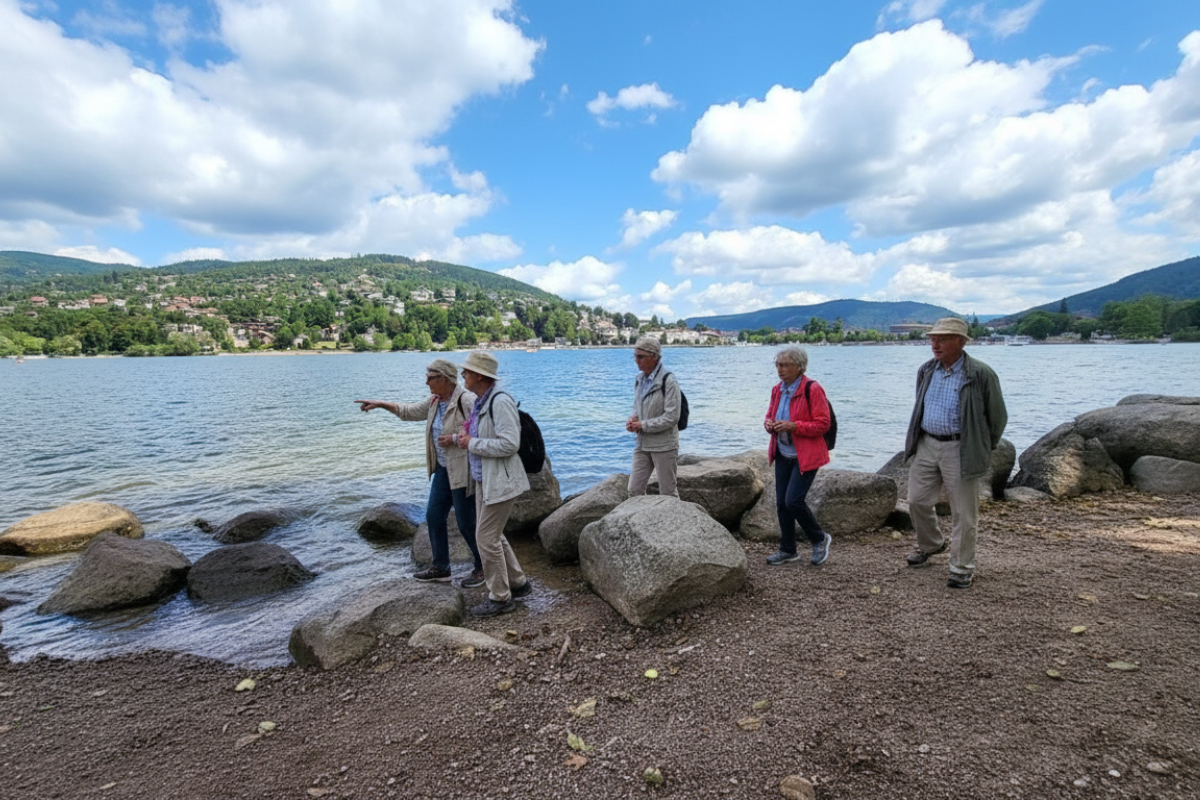 Bord du Lac de Gérardmer avec sentiers plats et terrasses de restaurants, idéal pour une sortie entre seniors.