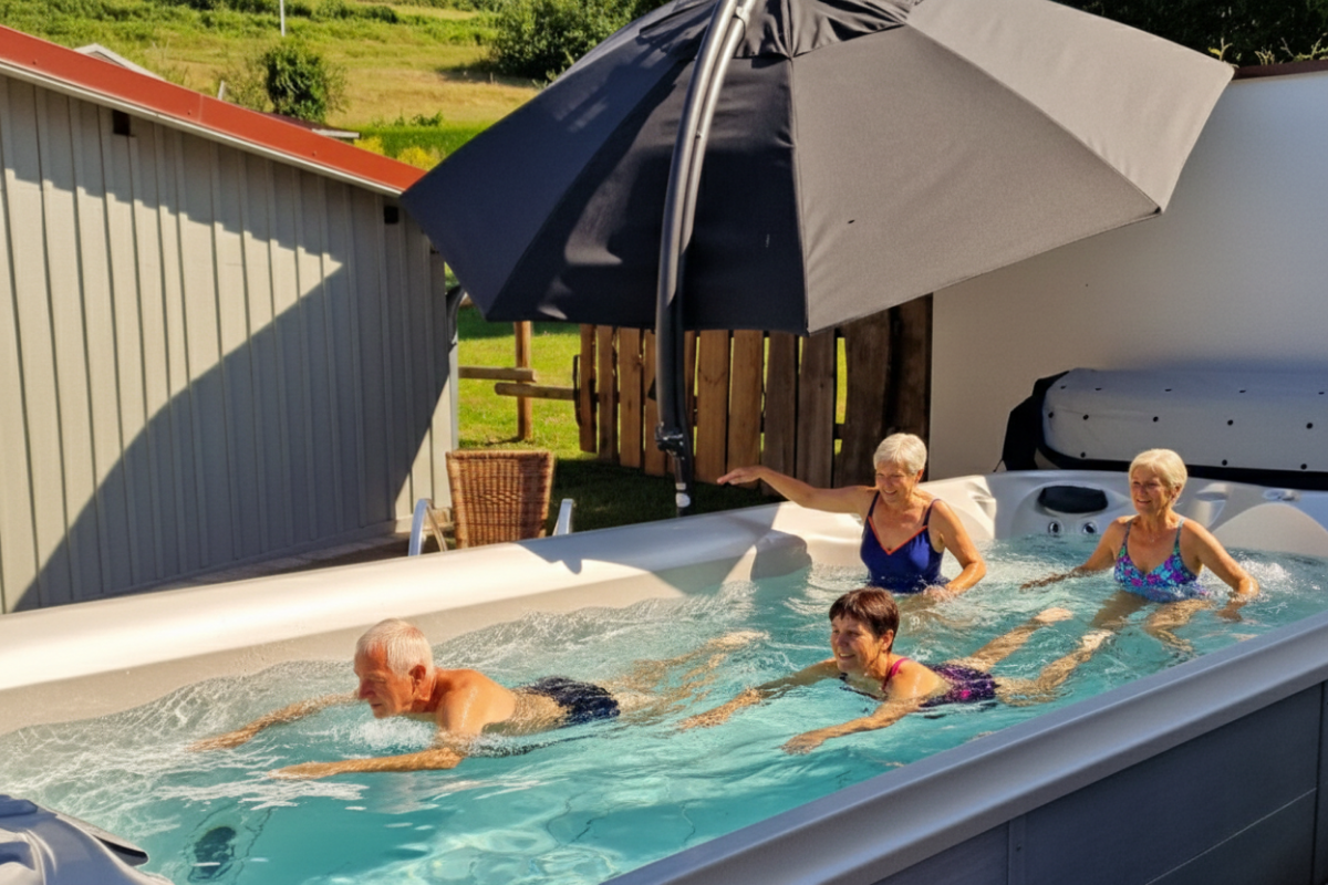 Seniors en séance de natation à contre-courant dans la piscine extérieure chauffée du domaine.
