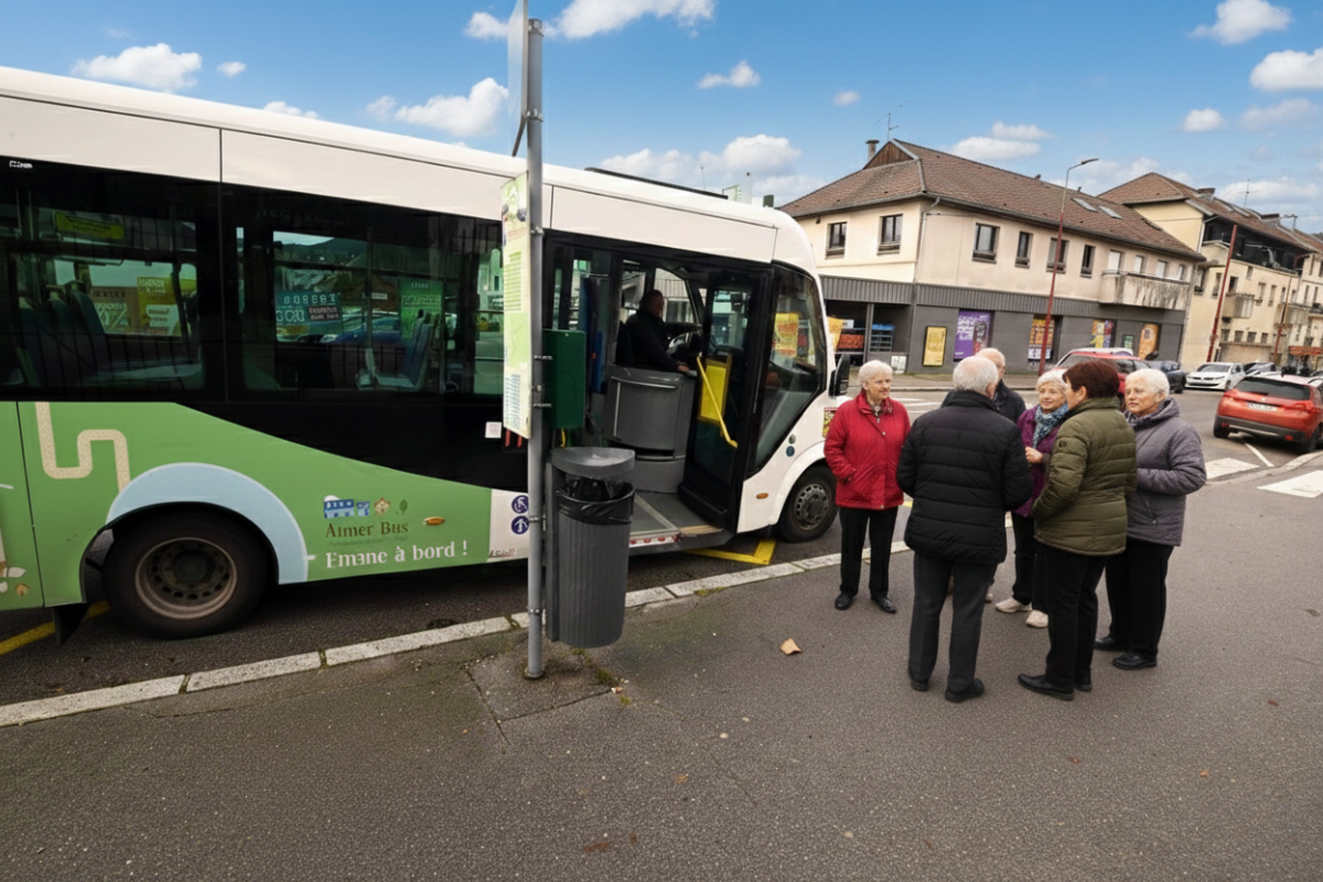 Groupe de seniors devant la navette gratuite de Gérardmer, solution de mobilité sans voiture.