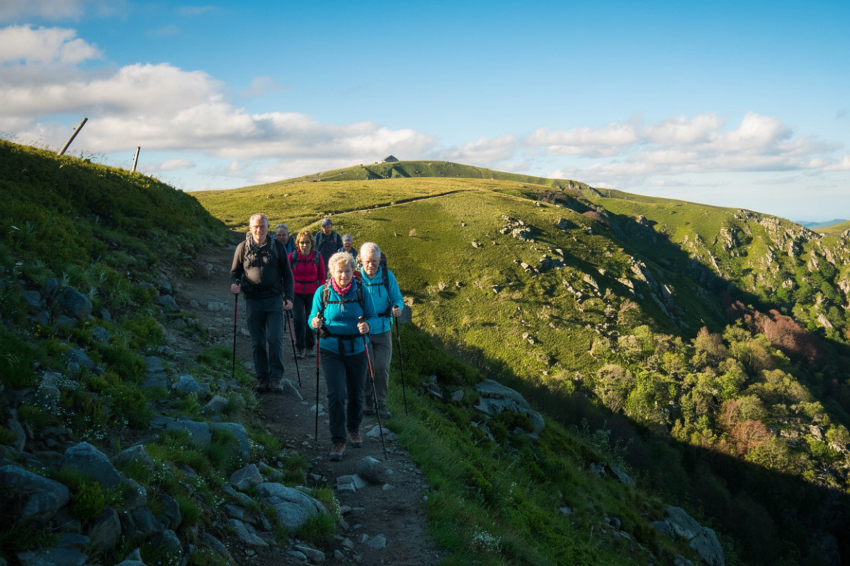 Groupe de retraités en randonnée au sommet du Hohneck, accessible via la Navette des Crêtes.