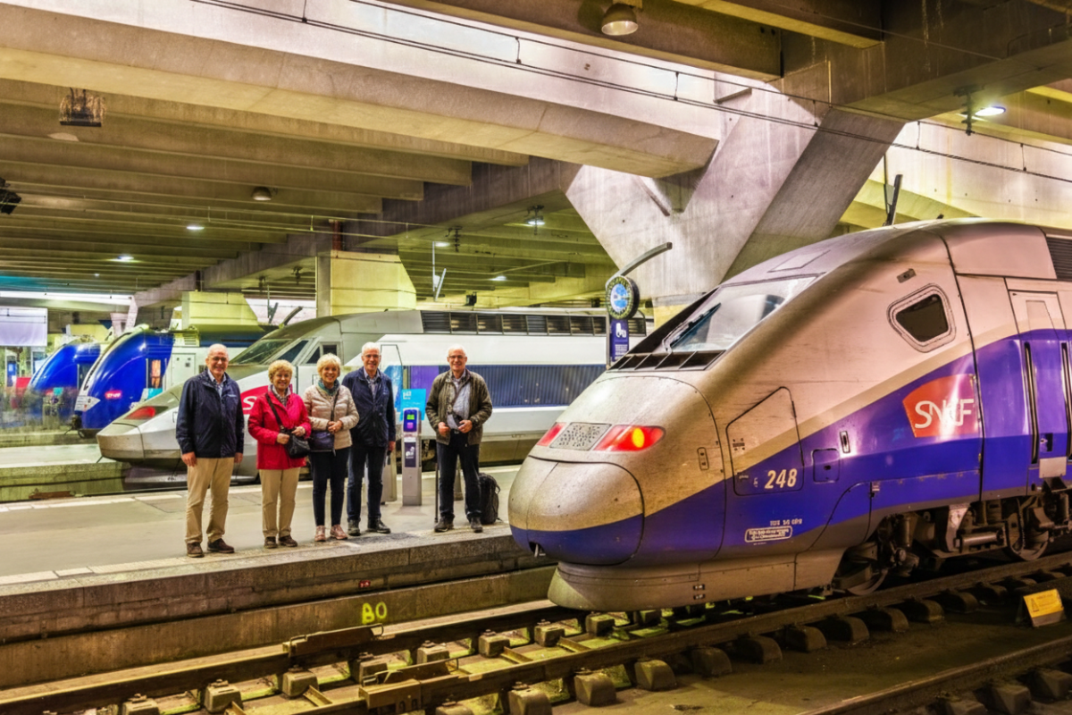 Amis retraités devant une rame de TGV SNCF en direction du massif des Vosges.